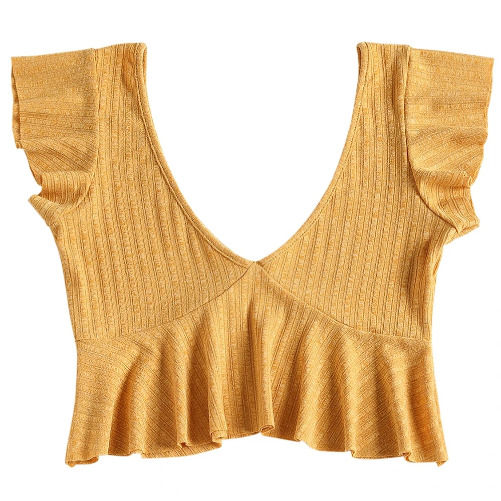 Women Solid Ribbed Deep V Neck Tank Peplum Top Plunging Neck Short