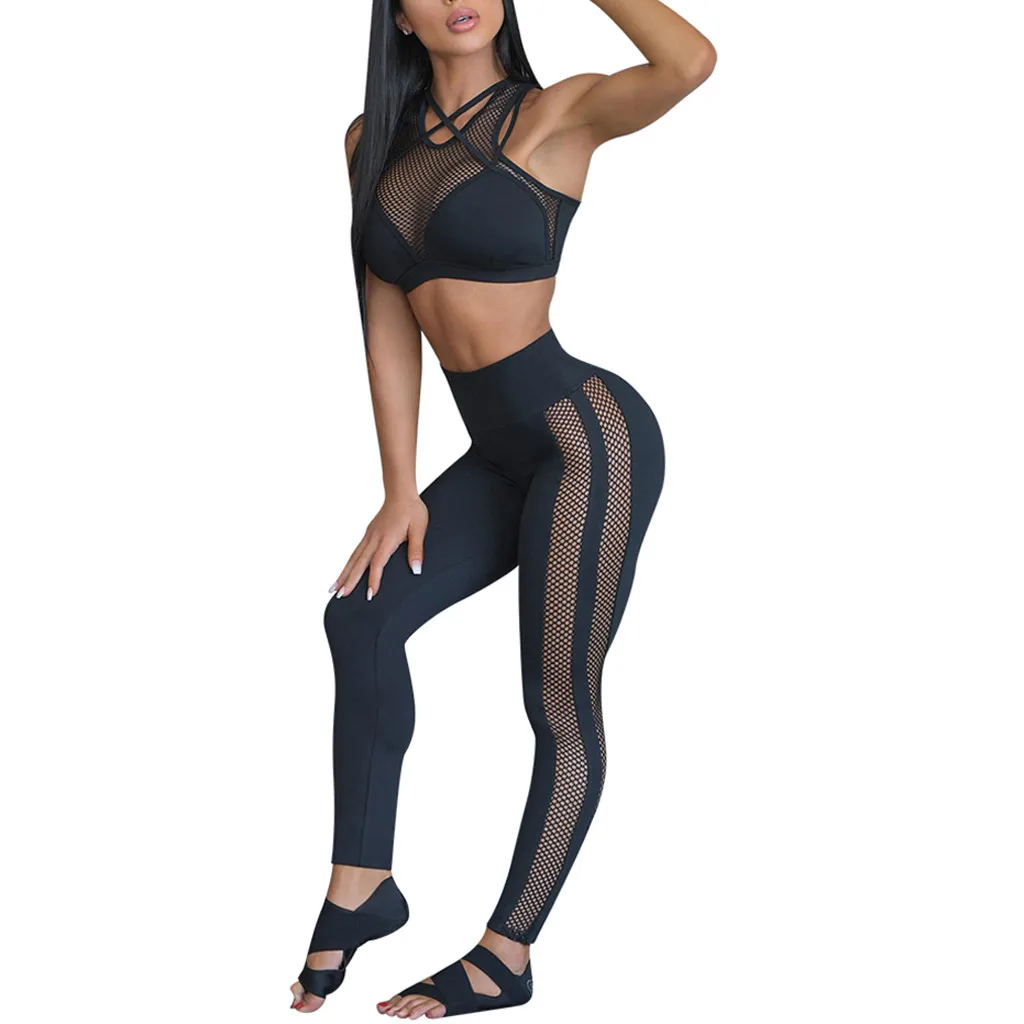 

Fashion Womens Yoga Vest Shorts Sport Fitness Set Mesh Elastic Tops+Yoga Pants Push Up Fitness Gym Sports set #D