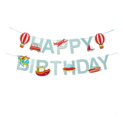Cartoon Colorful Car Plane Steamship Happy Birthday Banner Flag