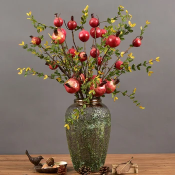 

4 Heads Fake Fruit Glass Berries Artificial Fruits Pomegranate Red Bouquet Stamen Christmas Decorative Double Heads 74cm