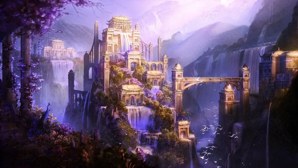 mountains-waterfall-fantasy-art-city-cityscape-night-artwork-evening-castle-Shangri-La-screenshot-123536