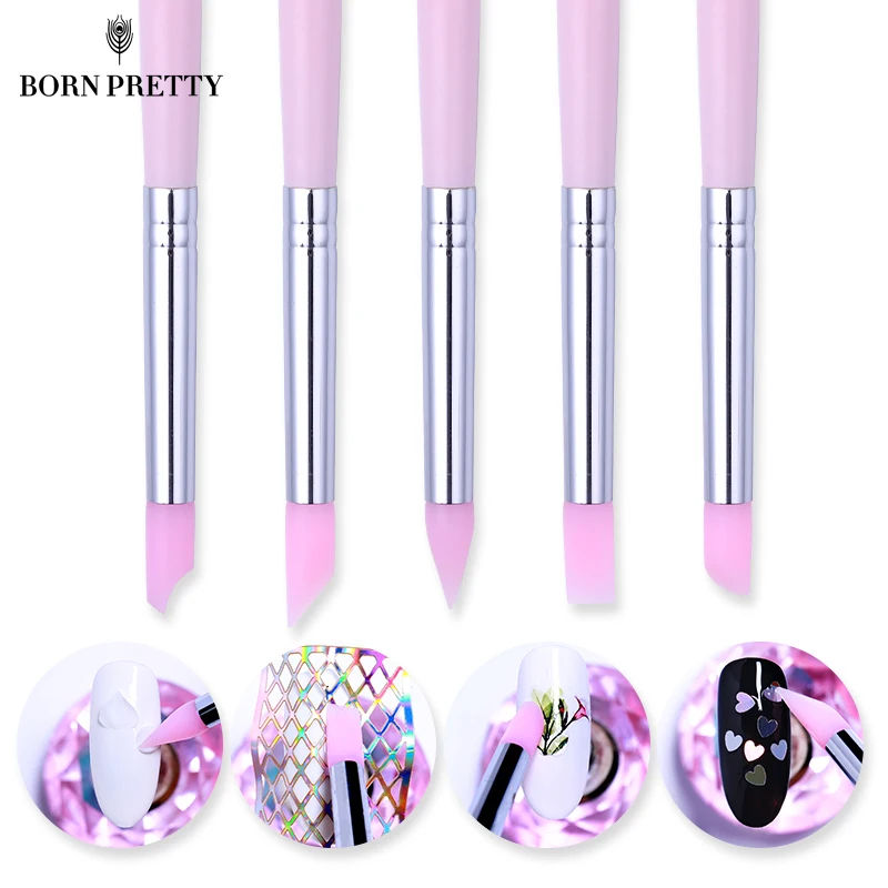  5Pcs BORN PRETTY Silicone Nail Pen Pink Carving Emboss Craft Pens Manicure Nails Art Tool Set