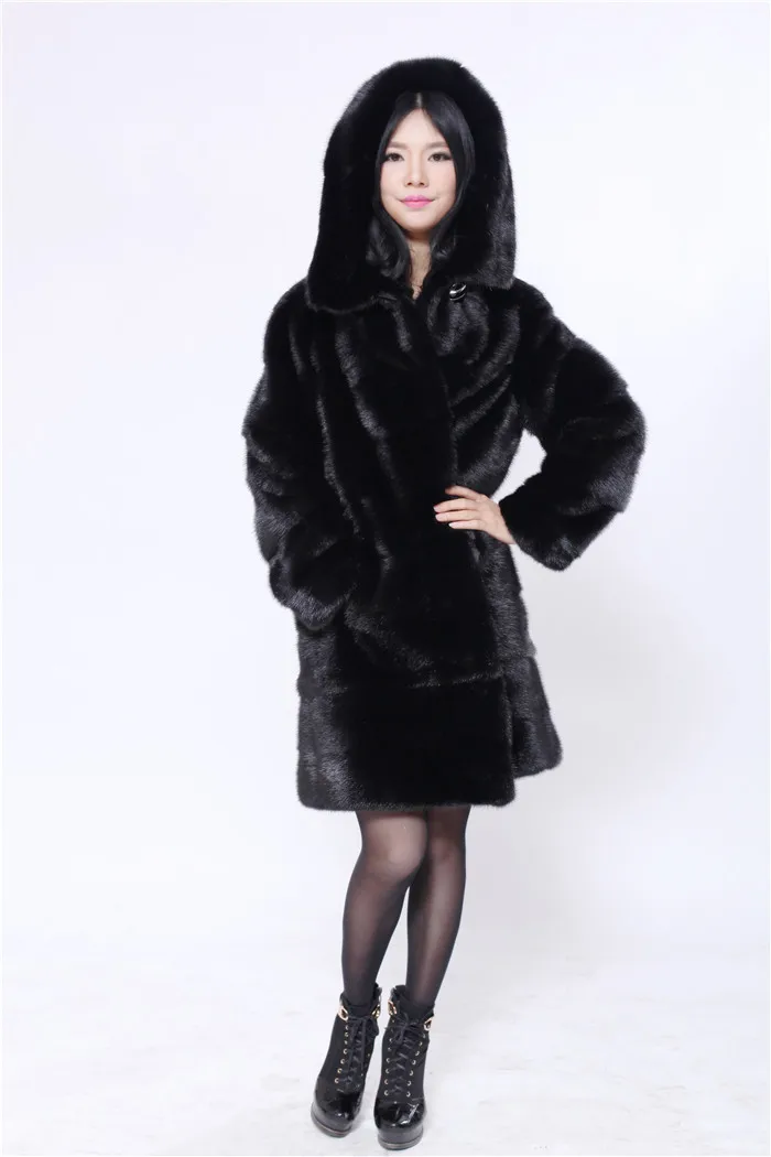 genuine mink fur coat black 90cm with a big hood high quarlity , real