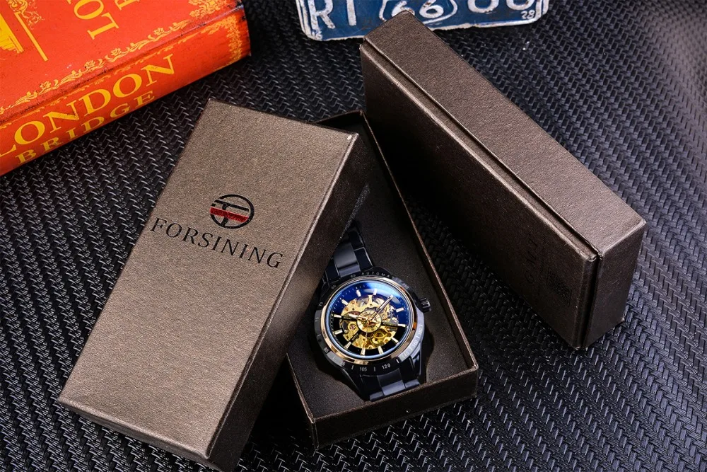 Forsining уникальные мужские механические часы автоматические черные спортивные часы стимпанк полный стальной ремешок наручные часы Relogio Masculino