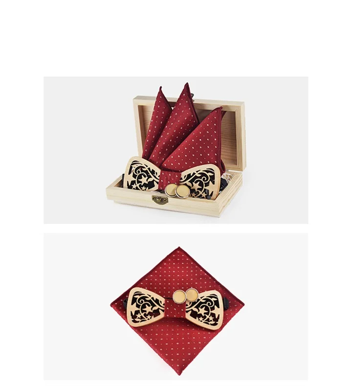 Полые деревянные галстук-бабочка платок запонки Набор для мужчины Бизнес деревянные бабочкой Pocket Square Set для свадьбы