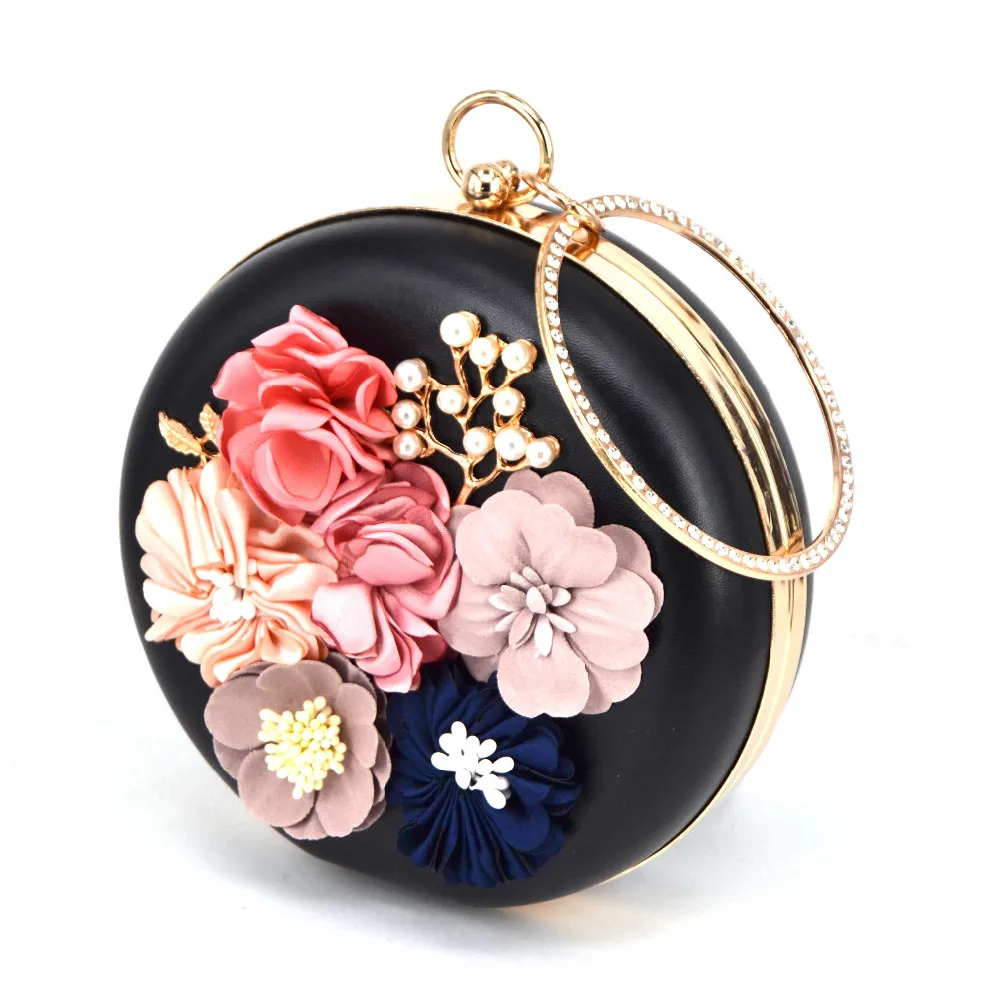 Circular pu Flower Women Clutch Evening Bag Lovely Black Wristlets Floral party Bag Wedding pochette Female Handbag x55