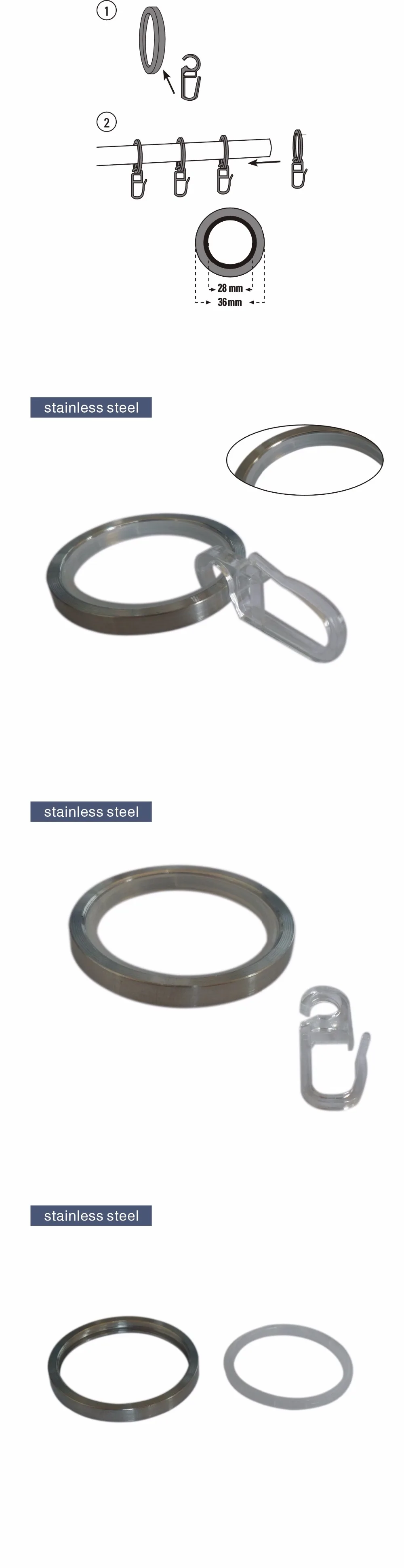50 шт. d35mm Нержавеющая сталь Кольца с раздвижные вставки и складной крюк, Кольца для карнизов для декора окна