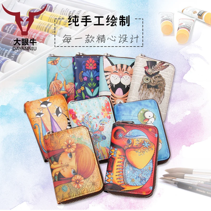 

Vintage Fancy Tiger Sketch Color Leather Women Card Holder Wallets Small Female Fashion Zipper Credit Card Bag Zipper Card Case
