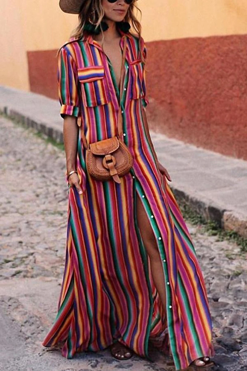 

Summer Turn-down Collar Striped Long Dress Casual Print Chiffon Shirt Dresses Bohemian Half Sleeve A-Line Dresses