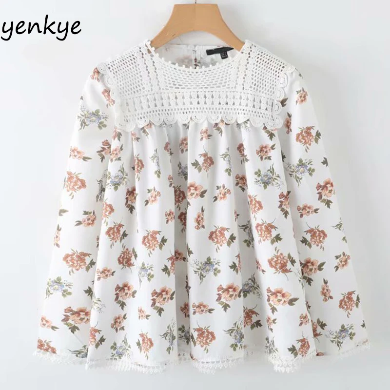 Fashion Women Crocheted Yoke Floral Printed Blouse Female Round Neck Long Sleeve Flowy Autumn