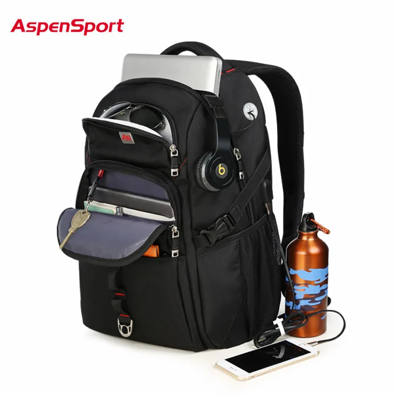 AspenSport 2018 New USB Charge Bag College Backpack Backpack Fashion School Bag for Men male fit 15-17Inch Laptop Backpack