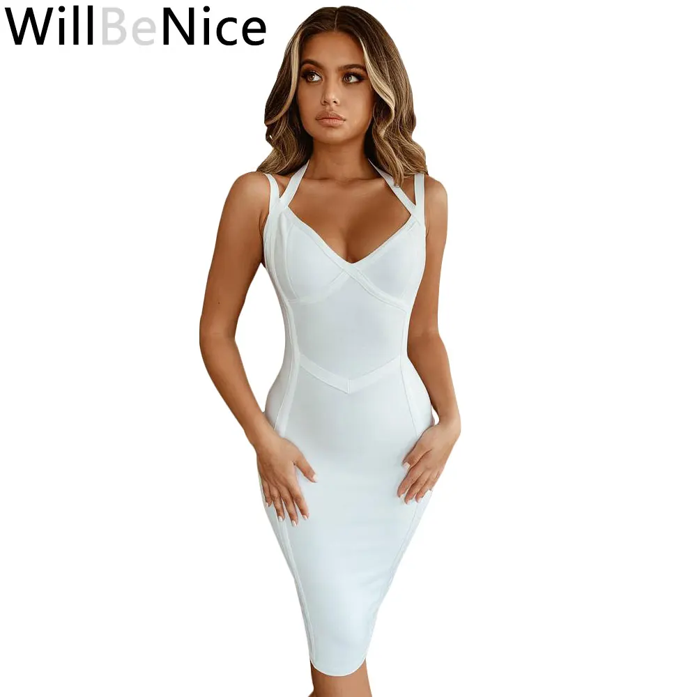 

WillBeNice 2022 Summer New Arrivals Women Halter Sexy Strap White Bandage Dress Bodycon Evening Party Dress Club