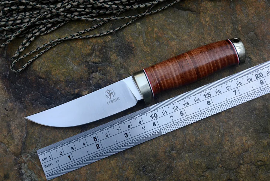 Fixed hunting knife LIBING D2 Satin blade leather handle for camping outdoor Skinning Cutting