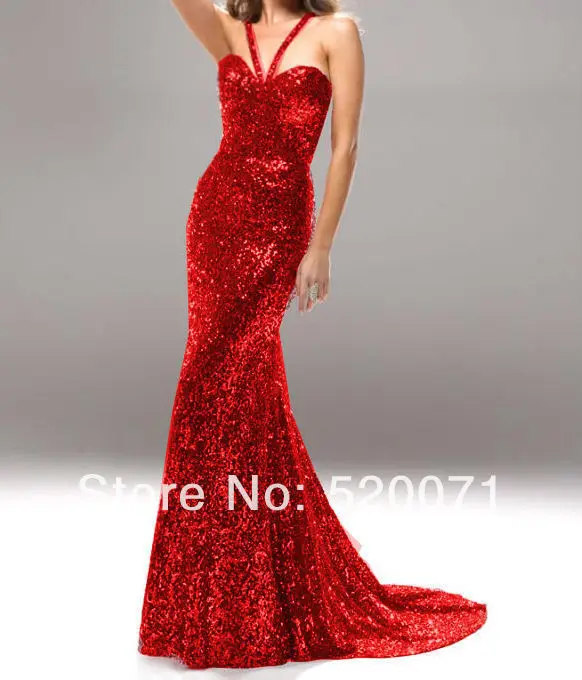 

Custom Mermaid Trumpet Halter Sleeveless Court Train Sequin Red Black Silver Blue 2019 New Long Formal Prom Evening Dress