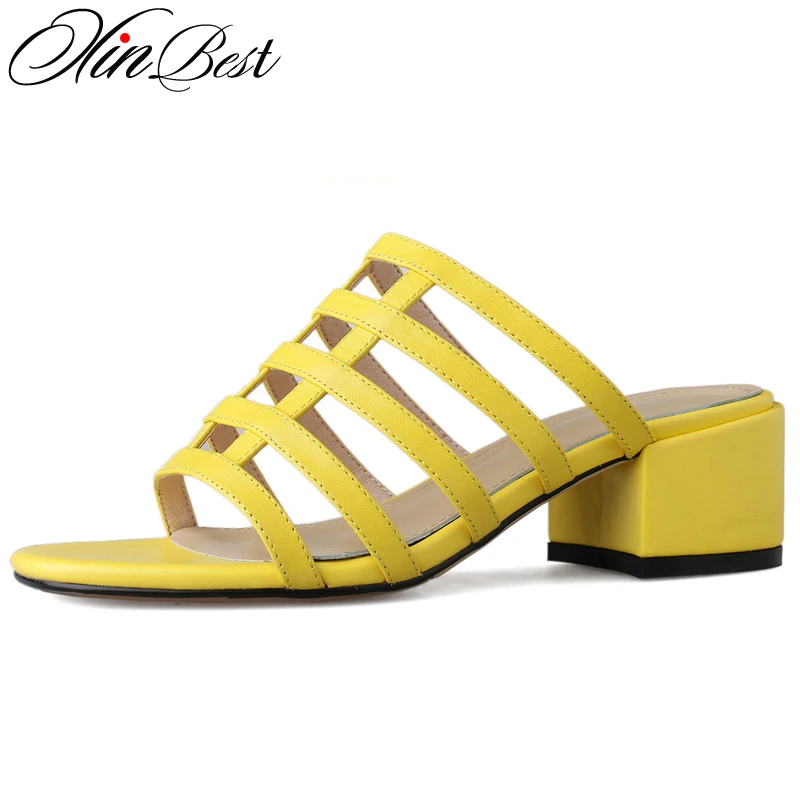

XinBest Fashion Hollow Out Women Sandals Square Toe Square heel Med Heel Sandals Summer Shoes Party Dress Sandalias Mujer 2019