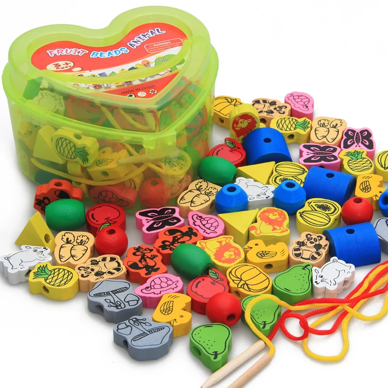 

Children's building blocks Beaded toy Early Learning Baby Bead Threading Animals Fruit 2-3-4-year-old wooden creature blocks