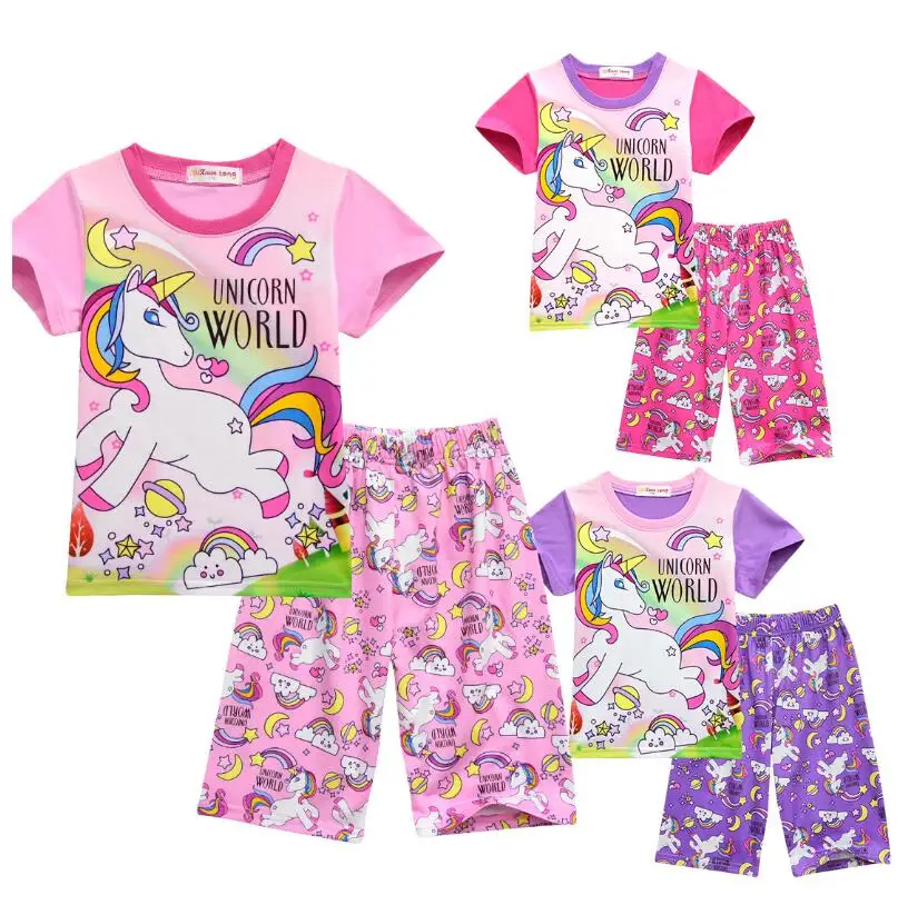 

Summer girl boy children's pajamas baby kids pajama set animal cartoon sleepwear stitch pink unicorn T-shirt and pants cosplay