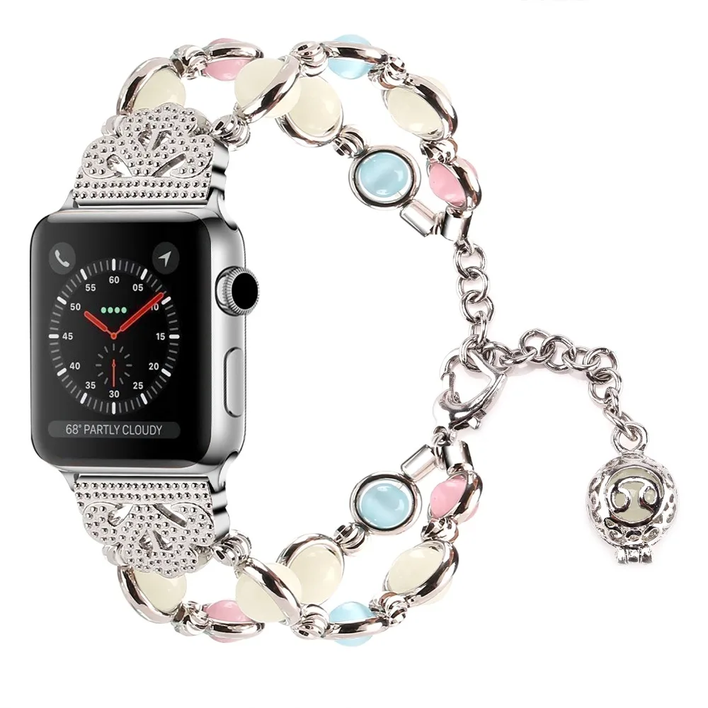 Уникальный браслет ручной работы для часов Apple, Женский светящийся регулируемый браслет iWatch с жемчугом, металлический браслет для серий Apple 1, 2, 3, 4, 5