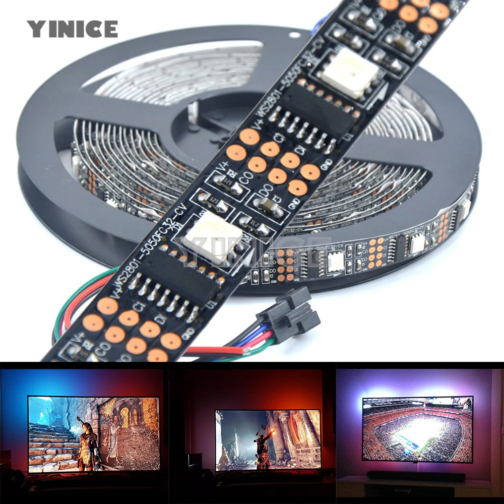 

5M WS2801 5050 RGB LED strip,Raspberry Pi control LED strip,Arduino development ambilight TV,White or Black PCB,32LED/M 160LEDs