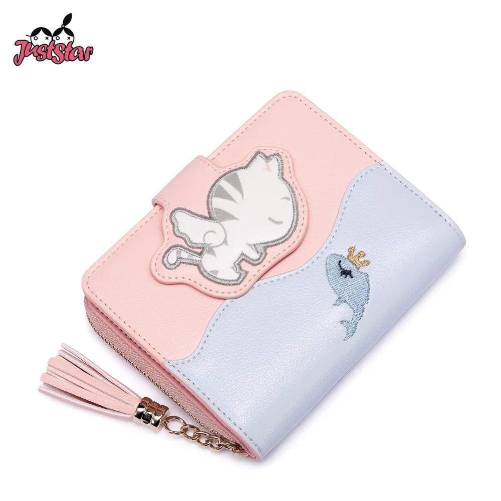 

Gift Box Packing JUST STAR Ladies Embroidery Cartoon Fish Cat Wallet JZ4557 Female Tassel Coin Purse Women's PU Leather Wallets