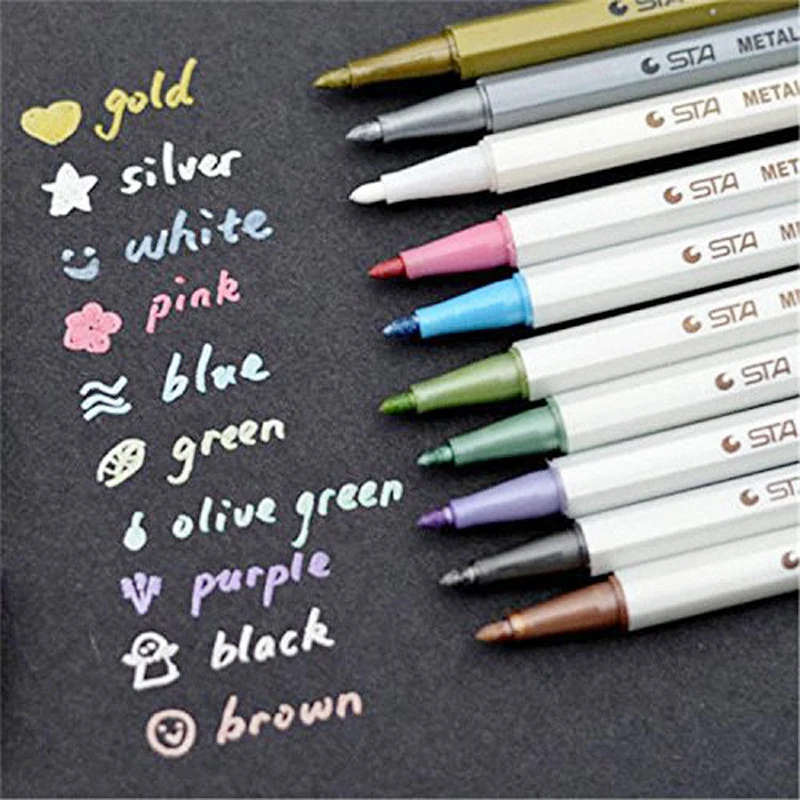

10 Color Metallic Marker Pen Scrapbooking Sketch Crafts Fine Liner Graphic Drawing Art For Stationery School Supplies
