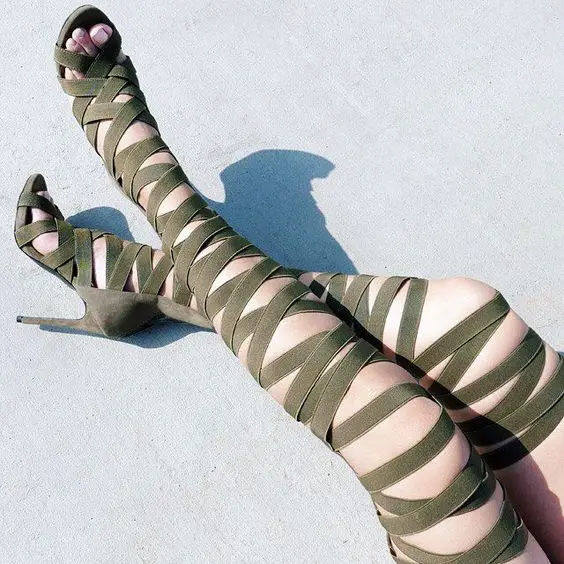 Woman sexy thigh high boots Hot selling army green stretch fabric over the knee boots summer cutouts gladiator sandal boots