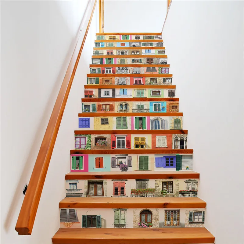 

13 Pieces/Set Creative DIY 3D Stairway Stickers Many Windows Pattern for House Stairs Decoration Big Staircase Wall Sticker
