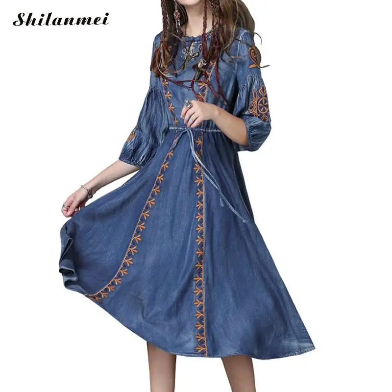 Fashion Blue Half Sleeve Woman Casual Denim Dress Embroidered One Piece Female 2018 Autumn Streetwear Loose Jeans Dresses