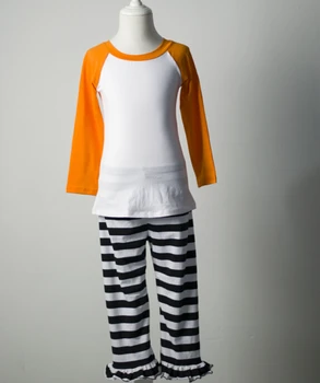 

Custom popular Children clothes long sleeve orange raglan sleeve black and white Striped Bottom ruffle pants pajamas sets whole