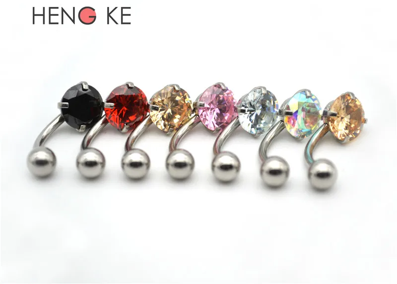 HENGKE Jewelry Crystal Zircon Belly Bars Body Piercing Button Ring CZ Gem 316L Stainless Steel Clear Rainbow Pink Red | Украшения и