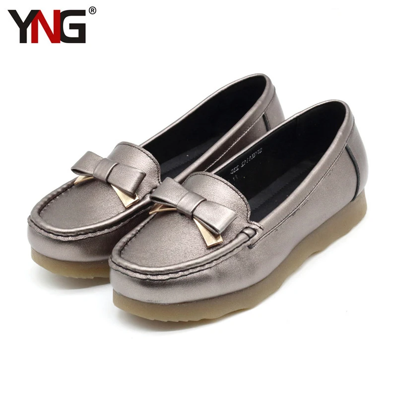 

YNG Women Fashion Bowknot Silver Genuine Cow Leather Slip Flats Woman Loafers High Quality Woman's Shoes Big Size 36-39