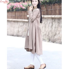 linen v-neck pleated casual cardigans tops women large size long t-shirts spring new girls one-piece garments