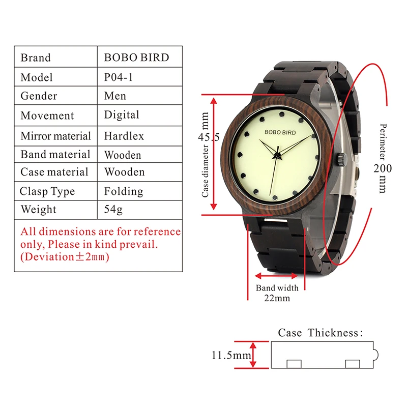 Zegarek męski drewniany Bobo Bird Top P04-1 7 Drewniany zegarek Bobo Bird Top P04-1 parametry
