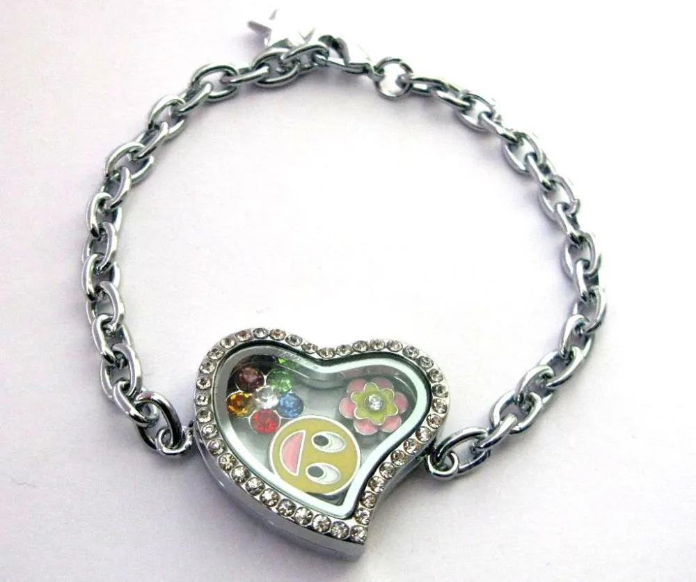 1pcs Locket glass heart bracelet with 13pcs floating locket charms