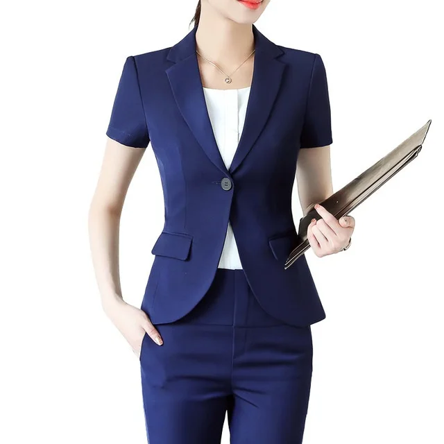 New Slim navy blue pants suits Fashion business short sleeve blazer and
