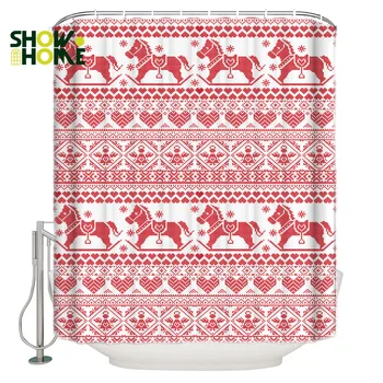 

SHOWHOME Shower Curtain Design Of Carving Sweater With Red Christmas Stripe Trojan Horse Shower Curtain Bathroom Decoration