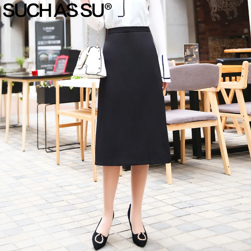 

SUCH AS SU New Knitted A Line Skirts Women 2019 Spring Summer High Waist Mid Long Skirt S-3XL Size Slim Wave Point Skirt