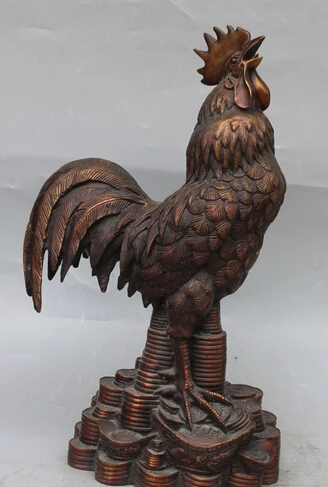 

007001 20"Chinese Bronze Gilt Animal Wealth YuanBao Money Dragon Chicken Chook Statue
