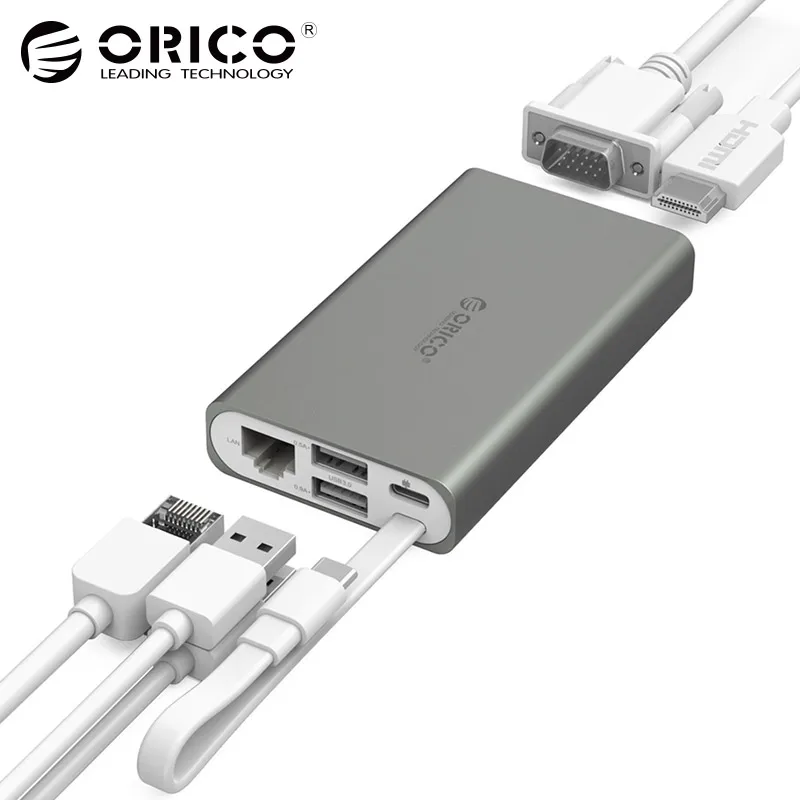 ORICO 7-in-1 USB-C Type-C Desktop Laptop Docking Station for MACbook Apple USB-C to HDMI 4K VGA Port HUB RJ45 Network Converter orico orico rcv3a type c для преобразователя vga hd usb3 0 usb c 3 разветвителя hub концентратор silver