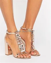 Women Fashion Open Toe T-strappy Rhinestone Chunky Heel Sandals Gold High Heel Sandals Formal Dress Shoes Free Shipping girls dressy flower t strap rhinestone high heel sandals