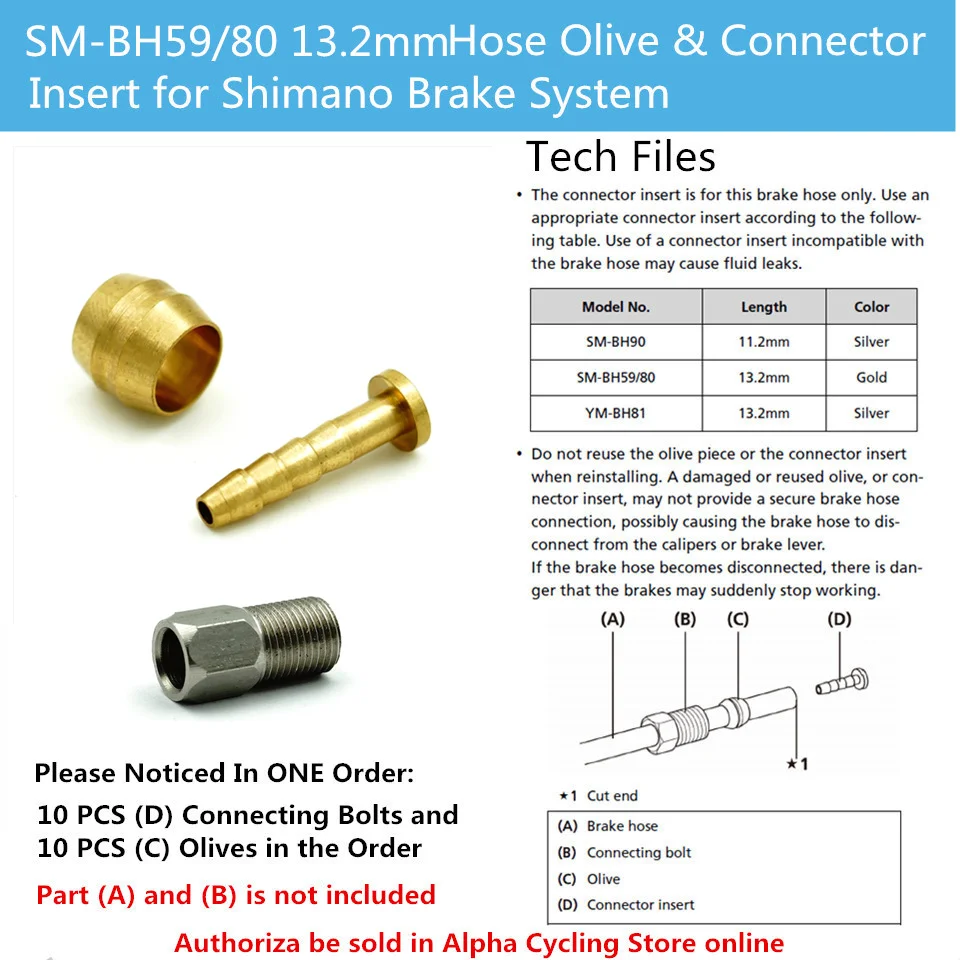 Hydraulic Brake BH59 BH80 Hose Olive, Connector Insert and Connecting Bolt for Shimano Brake System, 1 Set Per Order Hydraulic Brake BH59 BH80 Hose Olive, Connector Insert and Connecting Bolt for Shimano Brake System, 1 Set Per Order