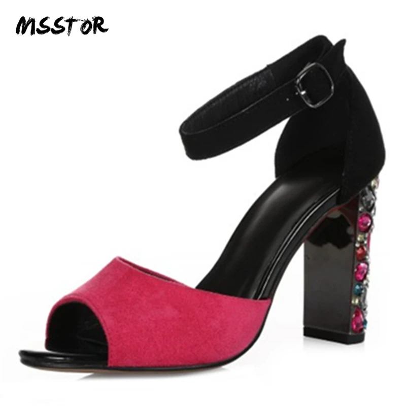 

MSSTOR Mixed Colors Crystal Shoes Women High Heels Kid Suede Buckle Strap Thick Heel Womens Sandals Summer Peep Toe Ladies Heels