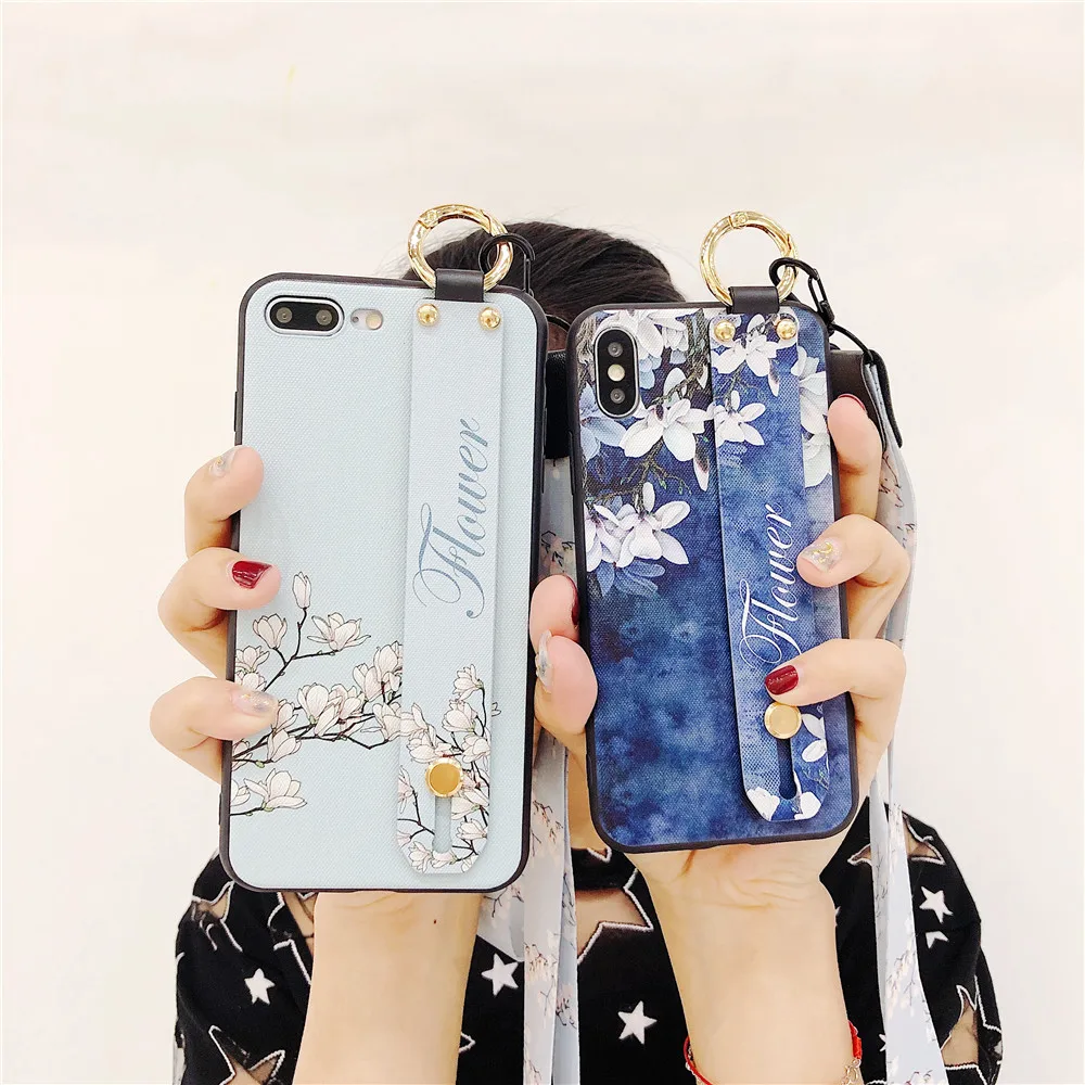 

Wrist Strap Phone Case For OPPO R15 Pro R9 R11s A83 A73 Chinese Design Magnolia Flower Ring Silicone Soft TPU Cover with Lanyard