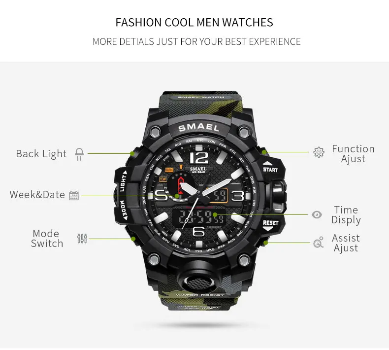 SMAEL Luxury Brand Military Sports Watches Mens Camouflage PU Straps Dual Display LED Watch Men Fashion Casual Dive 50m xfcs