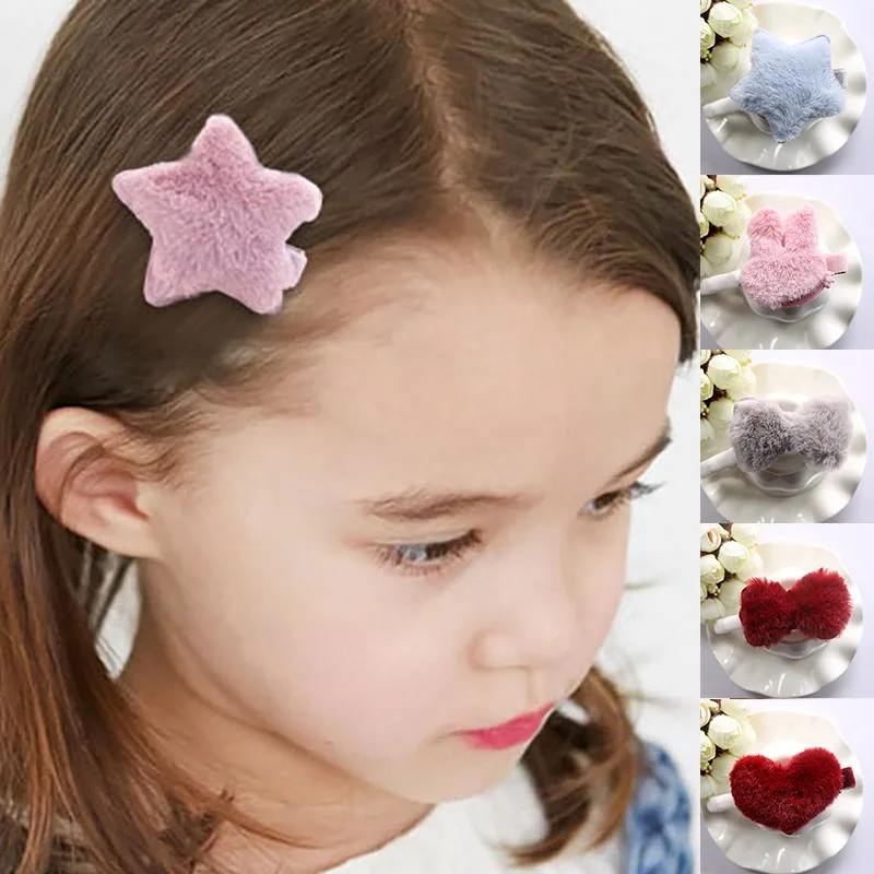 Lovely Baby Hair Clips Soft Faux Fur Love Star Bow Baby Hairpins For