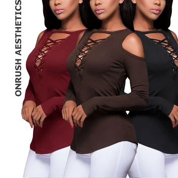 

OA 2018 New Women's Sexy Dew Shoulder Lace Up Solid Color Knitted T Shirts Fashion Skinny Solid Color Long Sleeve Tops Tee
