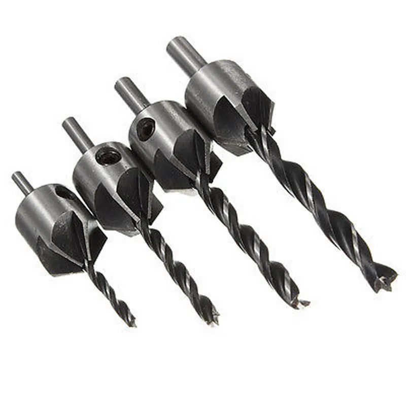 4pc 5 Flute Countersink Drilling Pilot Drill Bits Set Reamer Screw Wood