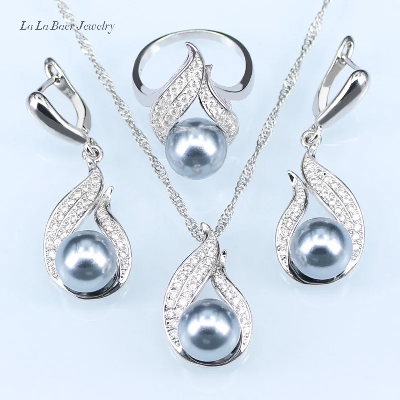 

L&B Handmade Silver color Jewelry Hollow Out Water Drop With Imitation gray Pearl Jewelry Sets For Wedding