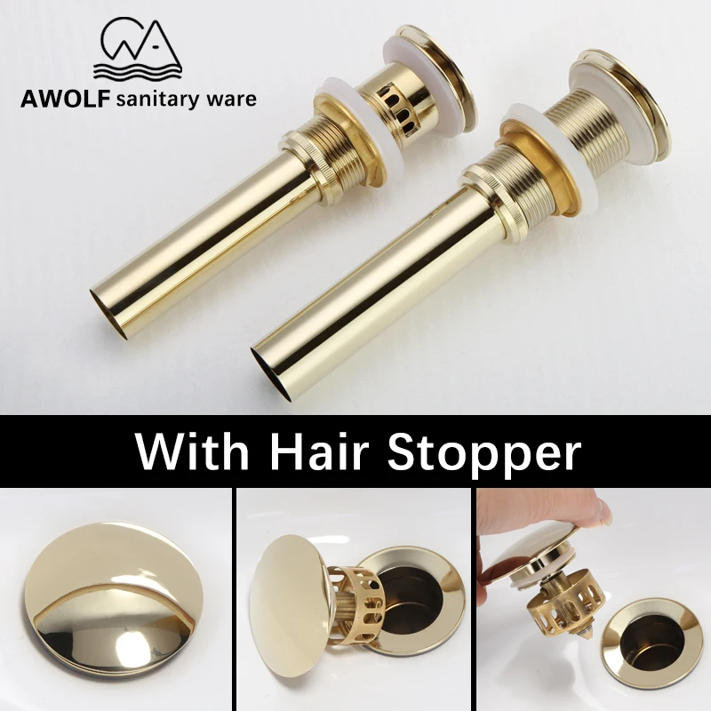 

Pop Up Drain For Bathroom Sink Basin Vessel With Hair Stopper Overflow Hole Zirconium Gold filter trap Brass Accessories AH6146