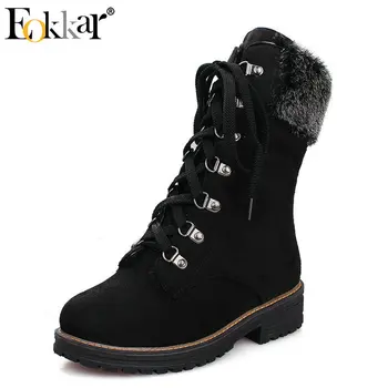 

Eokkar 2019 Dress Boots Women Mid Calf Boots Lace Up Square Heel Pu Leather Casual Winter Boots Warm Women Shoes Size 34-43
